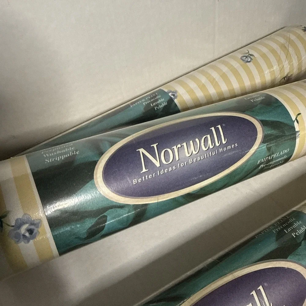 VTG Rolls Vintage Norwall Wallpaper Country Cottage Pastel Yellow Stripe Floral